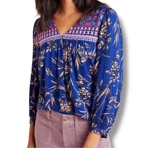 Anthropologie Indigo Floral Embroidered V neck Peasant Blouse